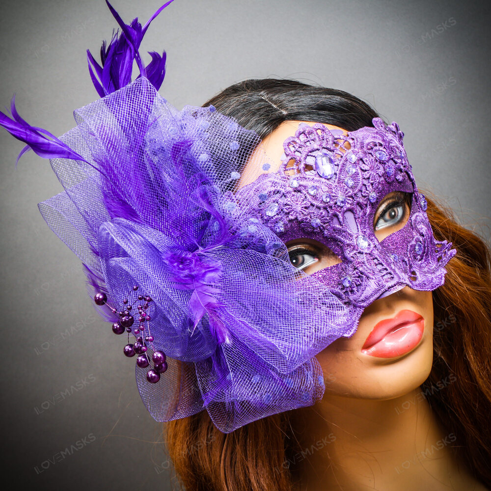 Flower Feather Mask Venetian Mardi Gras Masquerade - Purple - Picture 5 of 5